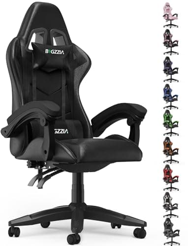 bigzzia Sedia Gaming, Chair Girevole Ergonomica, PU Poltrona Racing,Per Gamer, con Cuscino Lombare e Poggiatesta, Regolabile in Altezza, Sedia Per Computer, Per Ufficio (Nero)