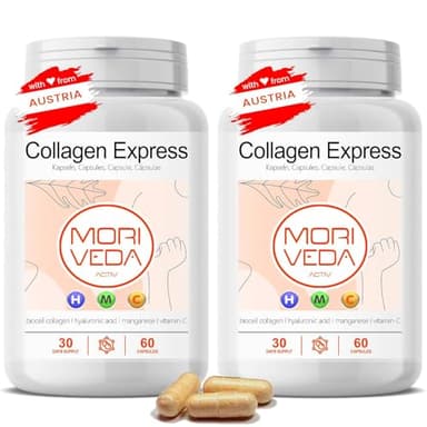 Capsule Collagen Express con collagene biocellulare di tipo II - 2 mesi di fornitura - acido ialuronico, condroitina solfato, vitamina C e manganese -pelle capelli articolazioni-da MoriVeda 2x60 pezzi