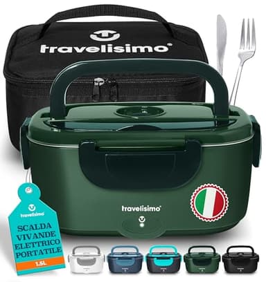 TRAVELISIMO Scaldavivande Elettrico Portatile 100W 1,5L Porta Pranzo Termico 220V/12V/24V Schiscetta Pranzo Riscaldabile per Viaggio e Lavoro Portavivande Termico & Porta Pranzo Riscaldabile