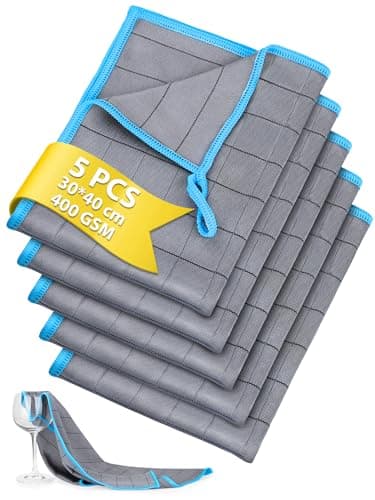 Euqvunn Panni Microfibra in Fibra di Carbonio, 5 Pezzi, 30 x 40 cm, 400GSM, Senza Pelucchi, Motivo a Griglia per Sporco e Grasso Ostinati, per Casa, Cucina, Auto e Pulizia Vetri – Blu
