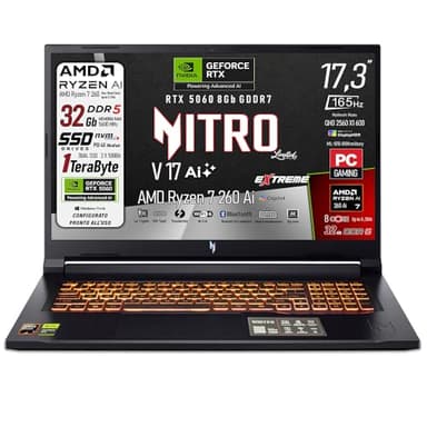 Acer Notebook Gaming Nitro V17 Ai, Ryzen7 260, Ram 32Gb ddr5, SSD da 1Tb(512Gb X 2), Display 17,3" QHD da 165Hz, NVIDIA GeForce RTX 5060 8Gb GDDR7, Wi-Fi 6e, Thunderbolt 4.0, Win 11, Ready to use