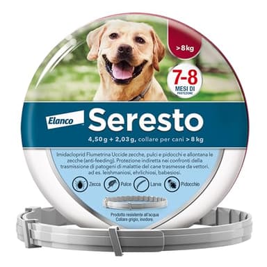 Seresto collare antiparassitario per cani oltre 8 kg. Elimina pulci, zecche, pidocchi e protegge dal rischio di trasmissione della leishmaniosi fino a 8 mesi.