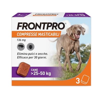 FRONTPRO 3 Compresse Masticabili Antiparassitario per Cani di Peso > 25-50 kg Protegge da Pulci e Zecche, Antipulci in Confezione da 3 Compresse da 136 mg di Afoxolaner, 25kg-50kg