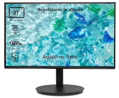 acer Vero CB272Gbirf Monitor PC 27", Display IPS Full HD 120 Hz, 1ms (VRB), 16:9, AdaptiveSync, VGA, HDMI 1.4, Lum 250 nits, Regolazione in altezza, ZeroFrame Pro, Cavo HDMI Incluso, Nero