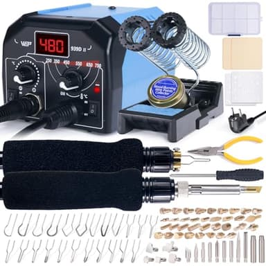 WEP 939D-II Kit pirografo per legno 2-in-1 86-in-1 con 51 punte, 23 a filo, 2 penne, stencil, legno grezzo. Pirografo professionale, kit di pirografo per legno, ideale per fare le penne (Spina UE)