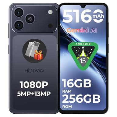 HOTWAV A17 Pro Max Smartphone Android 15, 16GB+256GB/TF TB Telefono Cellulare, 5160mAh Cellulare, 6.75 Pollici Telefoni, 13MP+5MP Camera, Dual SIM 4G Telefono/1080P/GPS/Face ID/Fingerprint - Nero