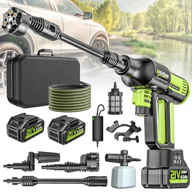 Idropulitrice a batteria, ad alta pressione, 4 marce, 120 bar, portatile 2 x 4,0 Ah, ugello girevole 6 in 1 e 180°, spruzzatore schiuma, tubo 5 m, irrigazione