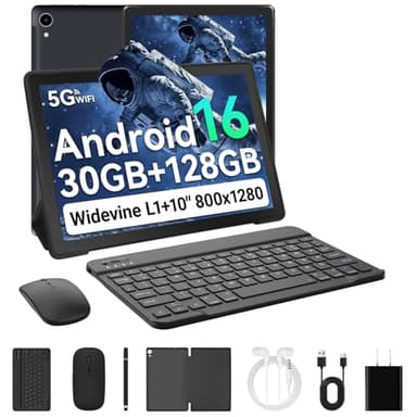 Laptok Android 16 Tablet 10 Pollici, 30GB RAM+128GB ROM, Octa Core 2.0GHz /WiFi 6+2.4G/GMS/6000mAh/Bluetooth 5.4/Widevine L1/8MP+5MP/Tablet 2 in 1 con Tastiera, Mouse, Cuffie, Penna e Custodia