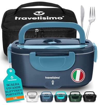 TRAVELISIMO Scaldavivande Elettrico Portatile 100W 1,5L Porta Pranzo Termico 220V/12V/24V Schiscetta Pranzo Riscaldabile per Viaggio e Lavoro Portavivande Termico & Porta Pranzo Riscaldabile