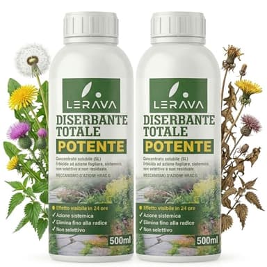 LERAVA® Diserbante Totale Potente (2x500 ml) - Glifosato erbicida contro erbacce - Diserbo totale foglie e radici - Seccatutto potente per infestanti in giardino