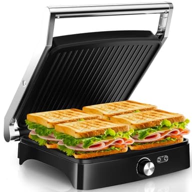 YASHE Piastra Panini 2000W, Tostiera 4 Fette, Griglia Elettrica Apribile 180°, Temperatura Regolabile, Piastre Antiaderenti Non Removibili, Manico Termoisolato