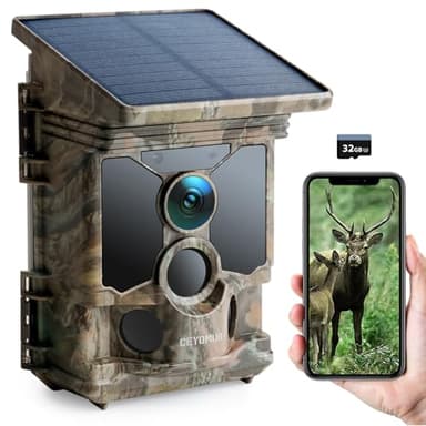 CEYOMUR Fototrappola Solare 68MP 4K 30fps, Wifi Bluetooth Fototrappola con Batteria Ricaricabile da 5200mAh Angolo di Rilevamento 120° HD Visione Notturna Impermeabile IP66