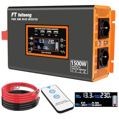 1500W/3000W inverter 12v 220v onda pura, inverter auto 12v 220v onda pura con display LCD, Telecomando，porta USB-C e porta QC 3.0 per veicoli di emergenz，camper, camion ect
