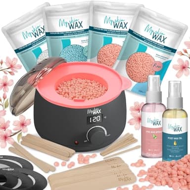 My Skin WAX - Scaldacera professionale con ciotola in silicone, riscaldatore digitale per cera calda: kit ceretta senza strisce, 400g di cera ipoallergenica a bassa temperatura per bikini, viso, corpo