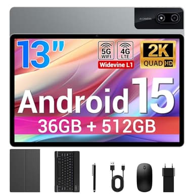 BEYNIVAN Tablet13 Pollici Android 15 tablet con 4G LTE/5G WiFi,36GB RAM+512GB ROM+1TB Espansione,2960x1848 FHD+, Gemini AI,11580mAh,13MP+8MP,BT 5.0/GPS/Split-Screen/Face ID/Tab con Tastiera,Grigio