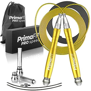 PrimaFIT Pro Speed Corda Per Saltare Professionale Con Pesi, Corda Salto Crossfit Pesante Regolabile Jump Rope Boxe, Cuscinetti a Sfera, Autobloccante, Alluminio, Perdita Peso,2 Cavi d'Acciaio & Borsa