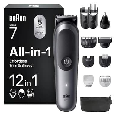 Braun Rifinitore All-In-One Series 7, Rasoio Elettrico Barba 12In1, Taglia Peli Naso E Orecchie, Macchinetta Per Capelli, Lama ProBlade, Tecnologia AutoSense, Wet&Dry, AIO7545, Grigio