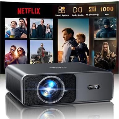 Proiettore 4K[Compatibile con Netflix/Dolby]1000 ANSI Regolazione Auto Dell'immagine AI Proiettore Portatile per Smart Home Theater e Esterno WiFi 6 Two-way Bluetooth 5.3 Videoproiettore TOPTRO A1