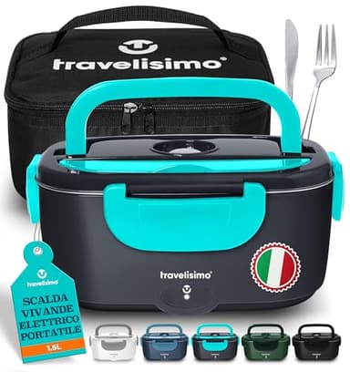 TRAVELISIMO Scaldavivande Elettrico Portatile 100W 1,5L Porta Pranzo Termico 220V/12V/24V Schiscetta Pranzo Riscaldabile per Viaggio e Lavoro Portavivande Termico & Porta Pranzo Riscaldabile
