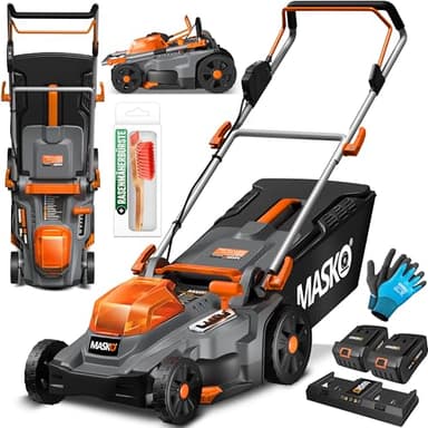 MASKO® Tosaerba a batteria con funzione pacciamatura, con 2 batterie agli ioni di litio da 4 Ah e doppio caricabatterie, larghezza di taglio 37 cm, 6 volte 25-75 mm, 40L fino a 600m²