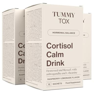 Cortisol Calm Drink con Ashwagandha KSM-66, L-Teanina, Tè Verde, Magnesio, Integratore per abbassare il cortisolo, 30 bustine, Tummy Tox