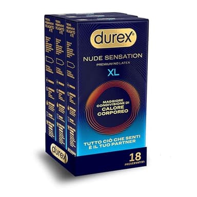 Durex Nude Sensation XL, 18 preservativi uomo in Nitrile, senza lattice di gomma naturale, ultima generazione, ultra sottili ed extra lubrificati, per una maggiore condivisione di calore corporeo