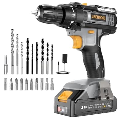 Avvitatore a Batteria, LEEIKOO Trapano Avvitatore Batteria 21V, Avvitatore Elettrico 42N.m con da 2.0Ah, 2 Velocità, 18+1 Coppie, 20 Accessori, Luce a LED Per Fai da te, Casa e Giardino