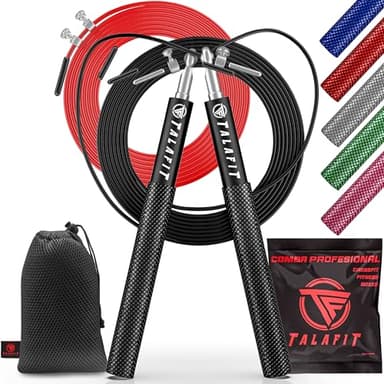 Corda Crossfit Professionale TALAFIT | Corda per saltare Fitness Regolabile | Corda per saltare con cuscinetti ad alta velocità di rotazione | Custodia + Corda extra (NERO)