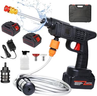 Idropulitrice a Batteria 21V 15000MAH con 2 Batterie,Idropulitrice Portatile Professionale con Cassetta Degli Attrezzi per Auto,Terrazza e Giardino di Pavimenti e Esterni (Nero)