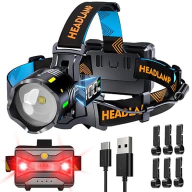 210000 Lux 12 Modalità Torcia Frontale Rosso Avviso e Sensore, 95H Standy 125° Lampada Frontale Regolabile e Fuoco Regolabile, Torcia Frontale Led Ricaricabile Impermeabile IP65 per Pesca Trekking