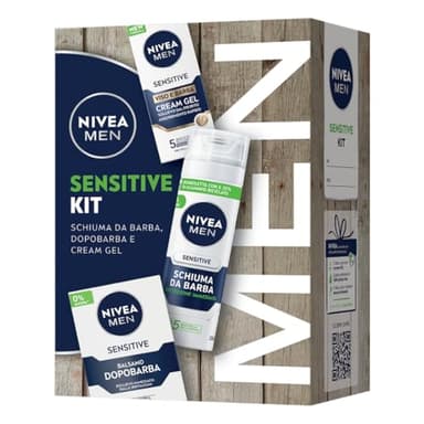 NIVEA MEN Sensitive Kit Cofanetto Regalo Uomo, Set regalo con Schiuma da Barba 200 ml, Balsamo Dopobarba 100 ml e crema idratante viso e barba 50 ml
