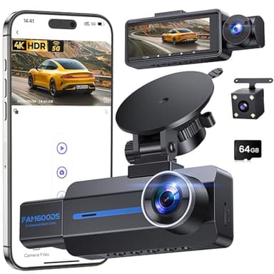 Famgoods Dash Cam Auto Fronte 4K, Retro, Interno, Dashcam Auto 360°, 3.16 "schermo IPS, scheda gratuita 64GB, Dashcam Auto 5GHz WiFi, APP, Visione Notturna Super, Sensore G, Registrazione Loop