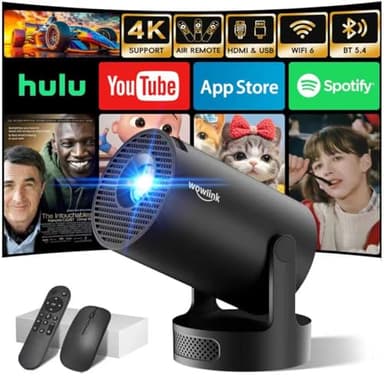 [Apps integrate & 2026 Upgraded] Mini Proiettore con WiFi 6 Bluetooth 5.4 Support 4K 1080P Auto Keystone Rotabile 180° Proiettore Portatile Compatibile con HDMI/TV Stick/Memory Stick/Laptop, Nero