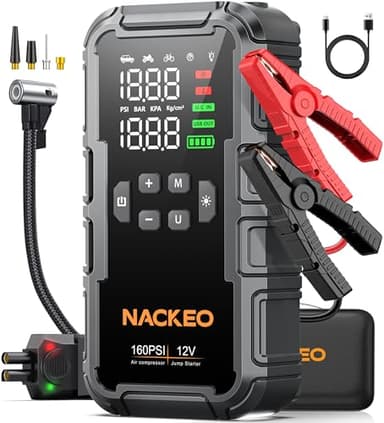 NACKEO Avviatore Batteria Auto con Compressore 160PSI, 8000A Booster Avviamento Auto (Motori Fino a ALL Gas o 12L Diesel), 12V Avviatore di Emergenza con Cavi Avviamento, LED, Schermo LCD e scatola