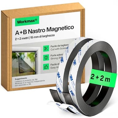 WORKMAX® Nastro Magnetico A+B per Zanzariere - Strisce Magnetiche Autoadesive con Forte Attrazione Reciproca - Nastro Magnetico con Contropartita & Adesivo Potente (2+2 m)