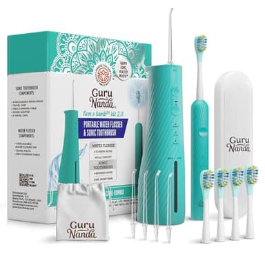 GuruNanda Lion & Lamb Kit 2.0, spazzolino elettrico con idropulsore, 4 punte a getto, 4 testine e design impermeabile IPX7 per un'igiene orale completa, color foglia di tè
