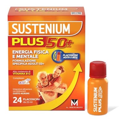 Sustenium Plus 50+ Integratore Alimentare Energizzante con Vitamina B12 ad Alto Contenuto, Formula per Adulti 50+ in Pratici Flaconcini. Energia in un Sorso, confezione da 24 Flaconcini da 20 ml