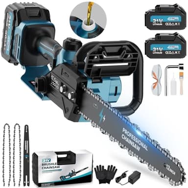 12 Pollici Motosega a Batteria, Motosega Elettrica Senza Fili 2x4000mAh, Potatore Senza Fili per Attrezzi da Giardino, Taglio del Legno, Fai da Te (1800W Brushless) - PowerCut X13