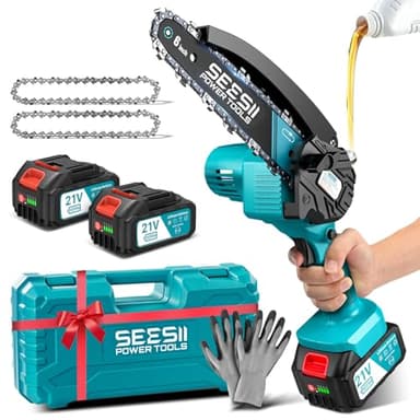 SEESII Mini Motosega a Batteria 6 Pollici, 2 x 4000mAh Motosega Elettrica per Potatura con Pompetta Olio e Catena di Ricambio, 900W Motosega da Potatura per il Taglio del Legno Giardini