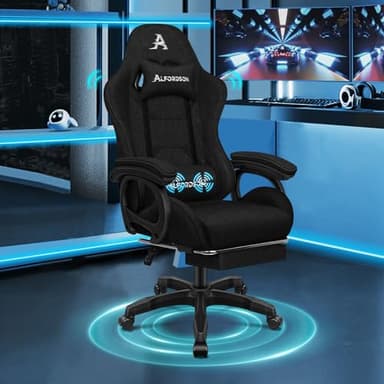 ALFORDSON Sedia da Gaming Massaggiante con Poggiapiedi Telescopico, Sedia Gamer con Cuscino Lombare & Poggiatesta, Ergonomico Sedie da Ufficio Schienale Regolabile 90-150°, Tessuto(Nera)
