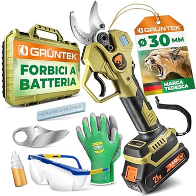 GRÜNTEK Forbici Potatura a Batteria. Cesoie Giardinaggio Elettriche - Motore Brushless - Taglio fino a Ø 30 mm. Forbice Potatura a Batteria Lama SK5 e Display LCD. Potatore con Attrezzi Giardinaggio.