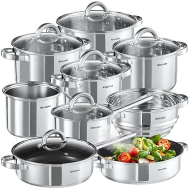 tectake® Set di Pentole, 15 Pezzi, Batteria di Pentole e Padelle in Acciaio Inossidabile, Adatto a Induzione, Gas, Elettrico, Padelle Antiaderenti, Lavabili in Lavastoviglie, Coperchi Abbinati