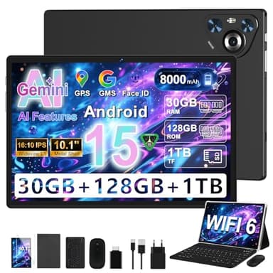 Dghrti Tablet Android 15 [30GB RAM] 128GB ROM, 10 Inch IPS HD Screen+1TB Expansion - Octo-Core, 8000mAh, Metal Body, 5MP+8MP, Face ID, Widevine L1 - with Keyboard and Mouse - Black