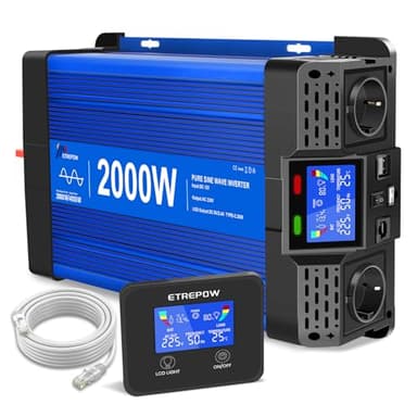 ETREPOW Inverter 2000W/4000W 12V 220V Onda Sinusoidale Pura Trasformatore Con Telecomando, 2 Prese EU, 2 Porte USB,Type-C, Adatto per Elettrodomestici, Camper e Campeggio