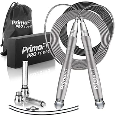PrimaFIT Pro Speed Corda Crossfit Per Saltare Professionale Con Pesi, Pesante Regolabile Jump Rope Boxe, Cuscinetti a Sfera, Autobloccante, Alluminio, Perdita Peso,2 Cavi d'Acciaio & Borsa
