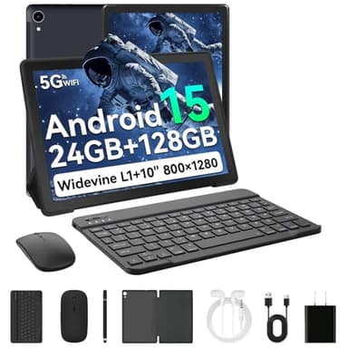Laptok Android 15 Tablet 10 Pollici, 24GB RAM+128GB ROM, Octa Core 2.0GHz /WiFi 6+2.4G/GMS/5000mAh/Bluetooth 5.2/Widevine L1/8MP+5MP/Tablet 2 in 1 con Tastiera, Mouse, Cuffie, Penna e Custodia