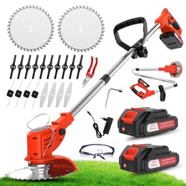 OUTIGO Tosaerba a batteria, Dotato di due batterie da 21 V, 4 lame, tosaerba triplo pieghevole, tosaerba da giardino a batteria per prati, arbusti e cespugli.