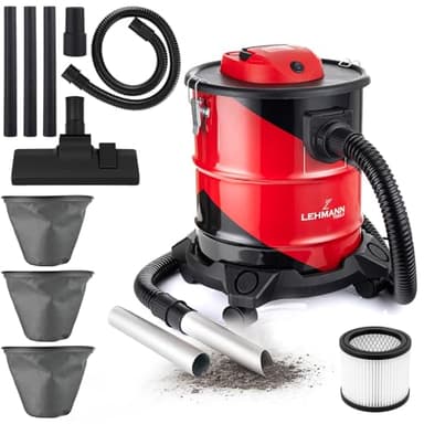 LEHMANN Haddo Aspirapolvere Industriale 2000 W, Bidone Aspiracenere per Camino con Serbatoio in Acciaio Inox da 20 L, Doppio Sistema di Filtrazione, Filtro HEPA, Funzione Soffiante, Rosso e Nero