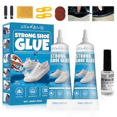 StinkBlitz Colla per Scarpe Professionale, Adesivo per Scarpe Forte, Colla Riparazione Veloce,Adesivo Non-Indurente per Suole, Trasparente per Scarpe in Pelle, Sneakers, Stivali, Tacchi (60ml*2) Shoe