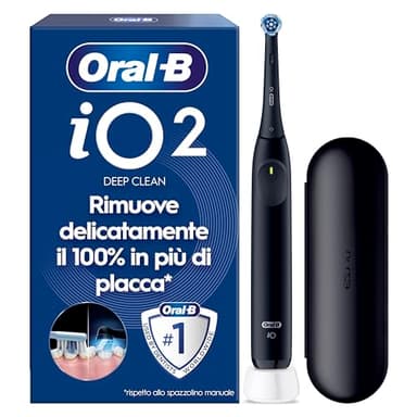 Oral-B iO 2 Spazzolino Elettrico Oral B, Nero, 1 Testina Di Ricambio, 1 Custodia Da Viaggio, Spazzolino, Delicato sulle Gengive, Efficace sulla placca, Sensore di Pressione